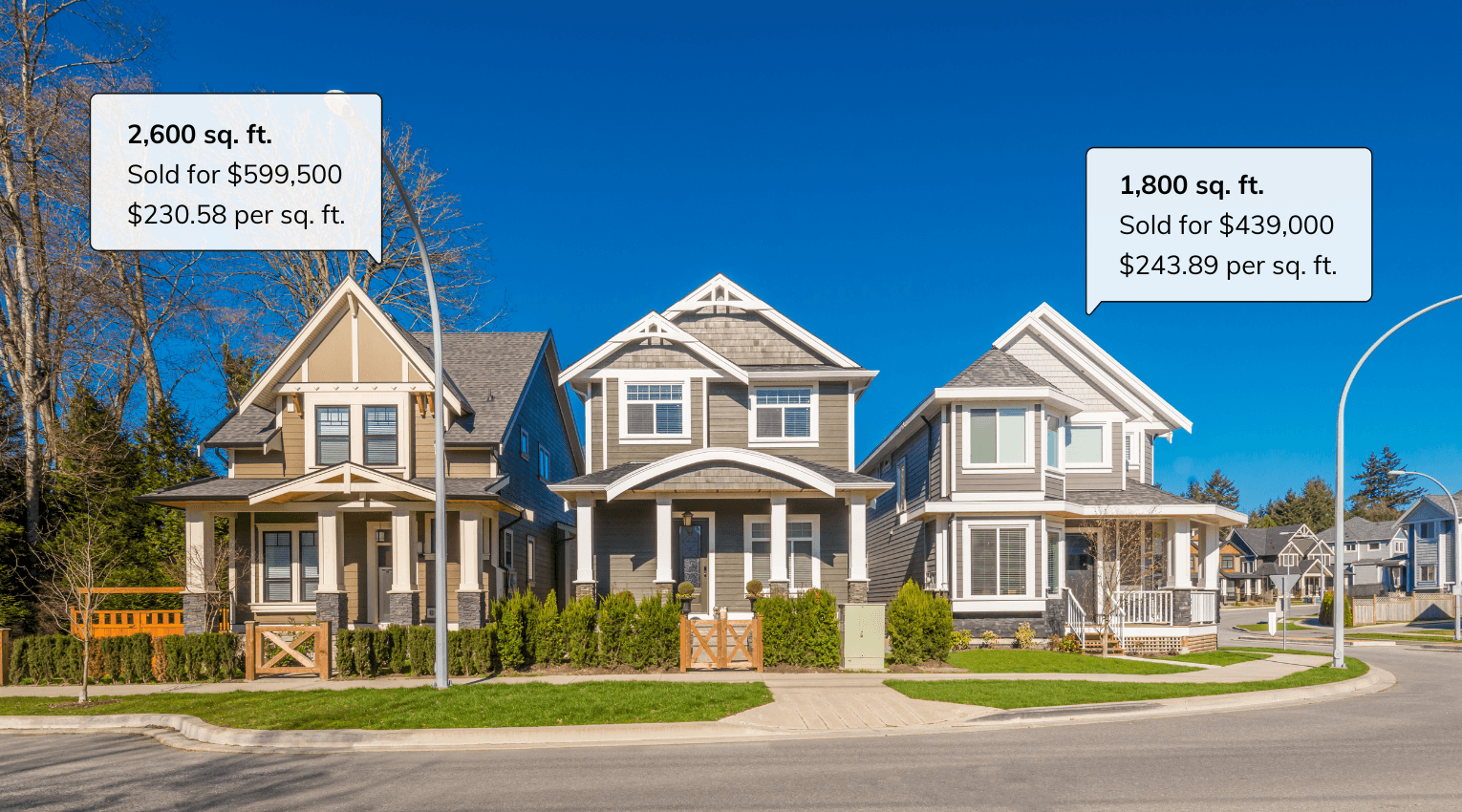 Two homes with sale prices and square footage details